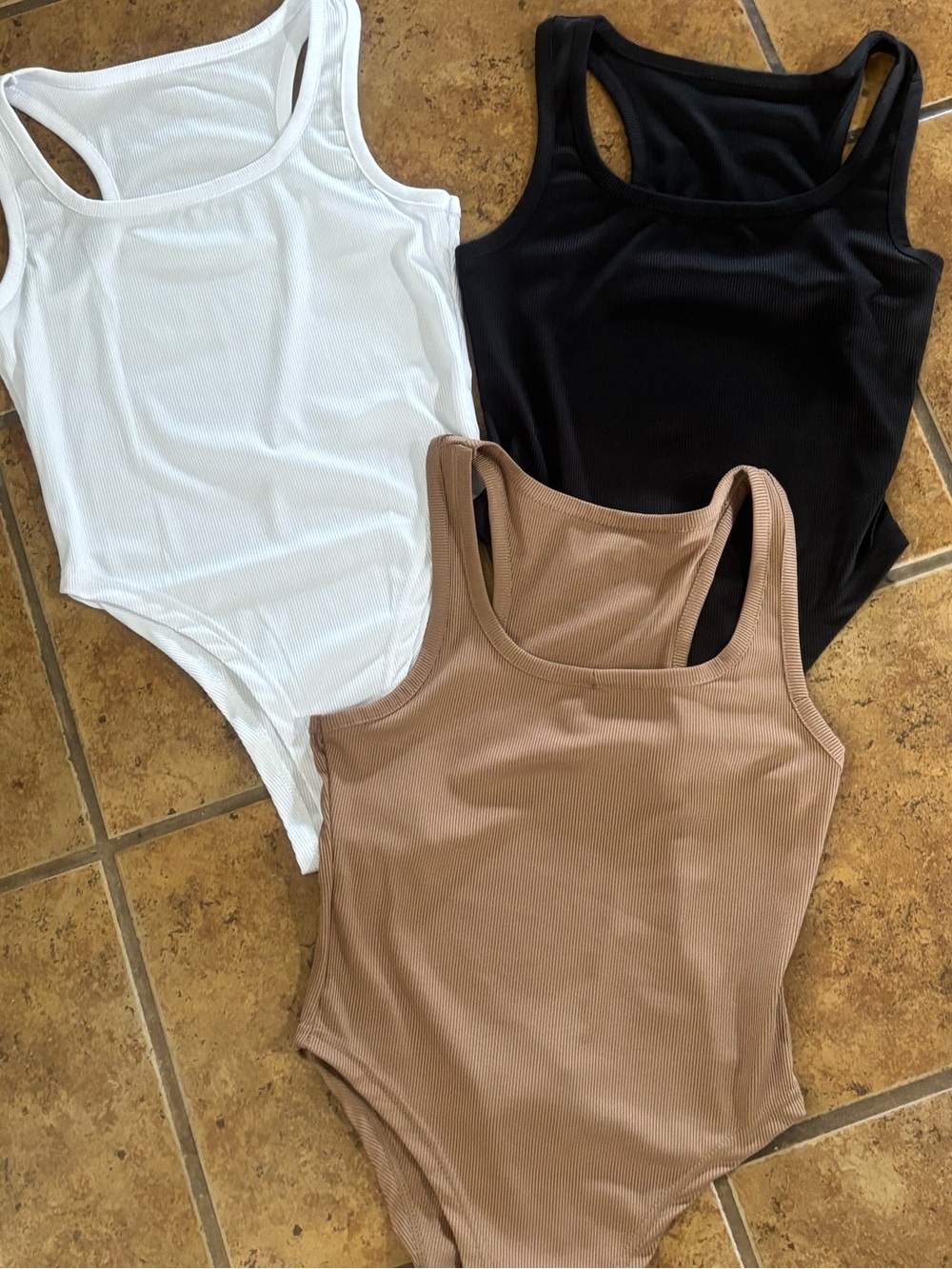 Pack of 3 Ribbed Scoop Bodysuit Tanks- Brown, White, & Black Set